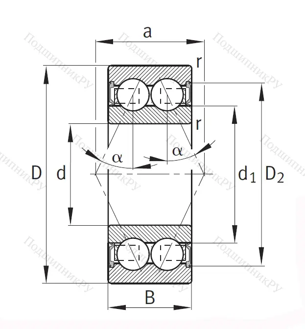 Двухрядный шариковый подшипник 3808 2RS